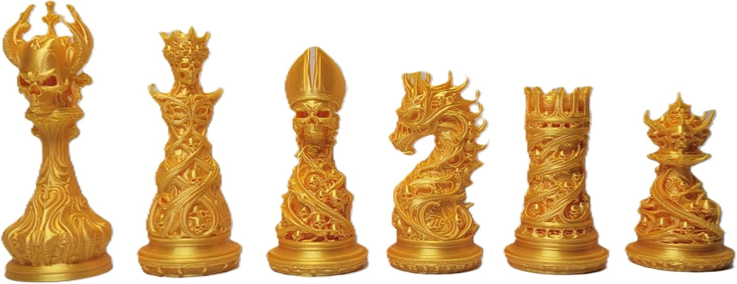 Gothic Dragon-Skull Chess Set — Silk Silver and Gold Metallic Finish 32-Piece Set Only by Znet3D