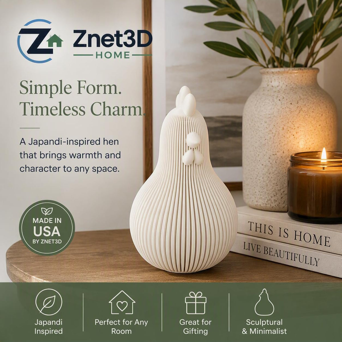 Znet3D Japandi Hen Figurine Fluted Chicken Decor Minimalist Shelf Accent 5 Inch, Bone White