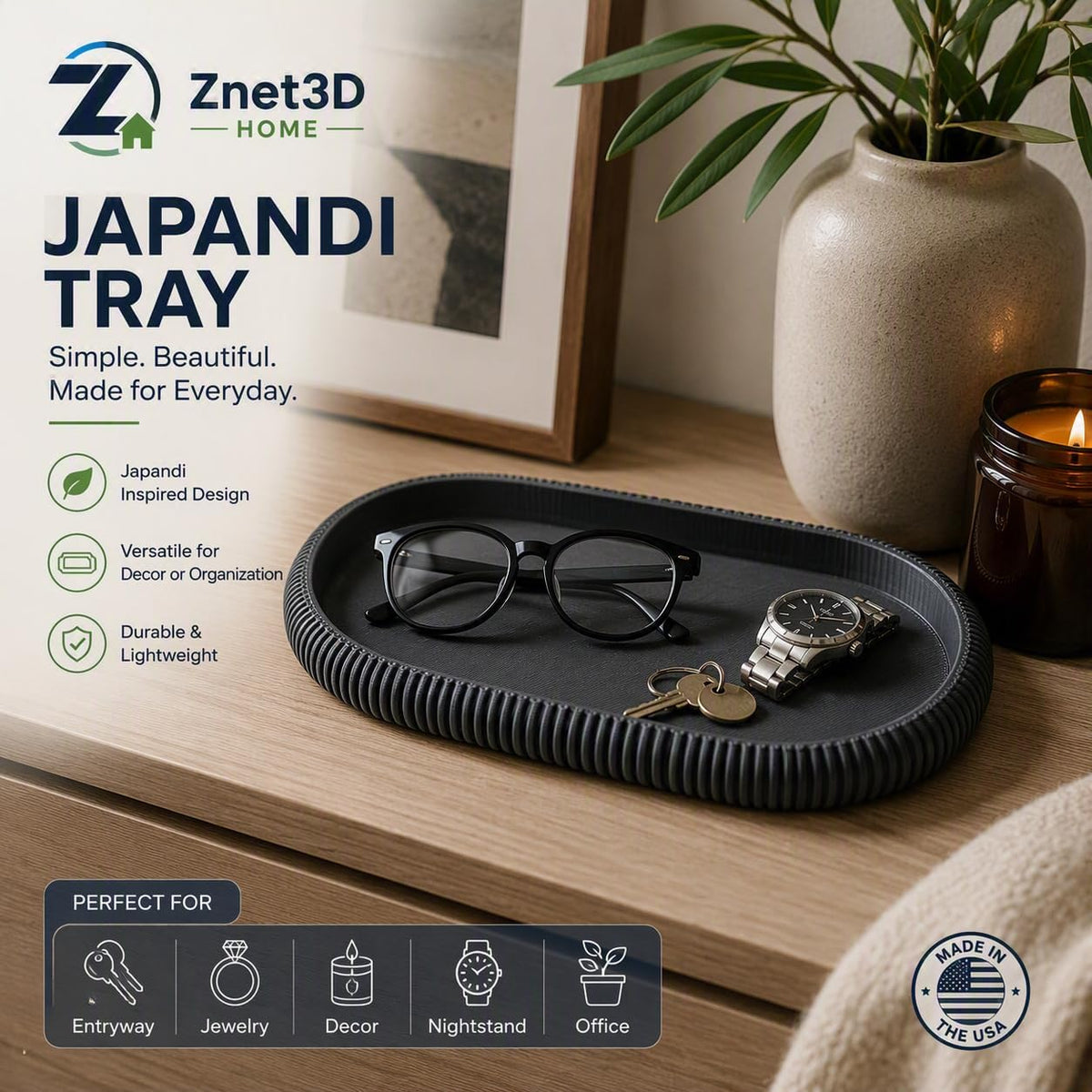 Japandi Oval Catchall Tray Fluted Decorative Vanity Dish Modern Home Decor, Charcoal