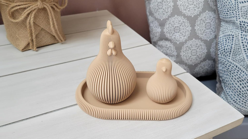 Znet3D Japandi Hen and Chick Figurine Set with Tray Fluted Minimalist Shelf Decor, Latte Brown