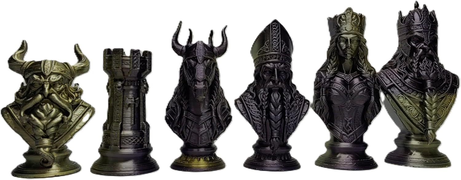 Viking Warrior Chess Set Pieces – Silk Gold & Silver Sculptures | Norse Fantasy Set by Znet3D (Board Not Included) (Gold/Black & Red/Black)