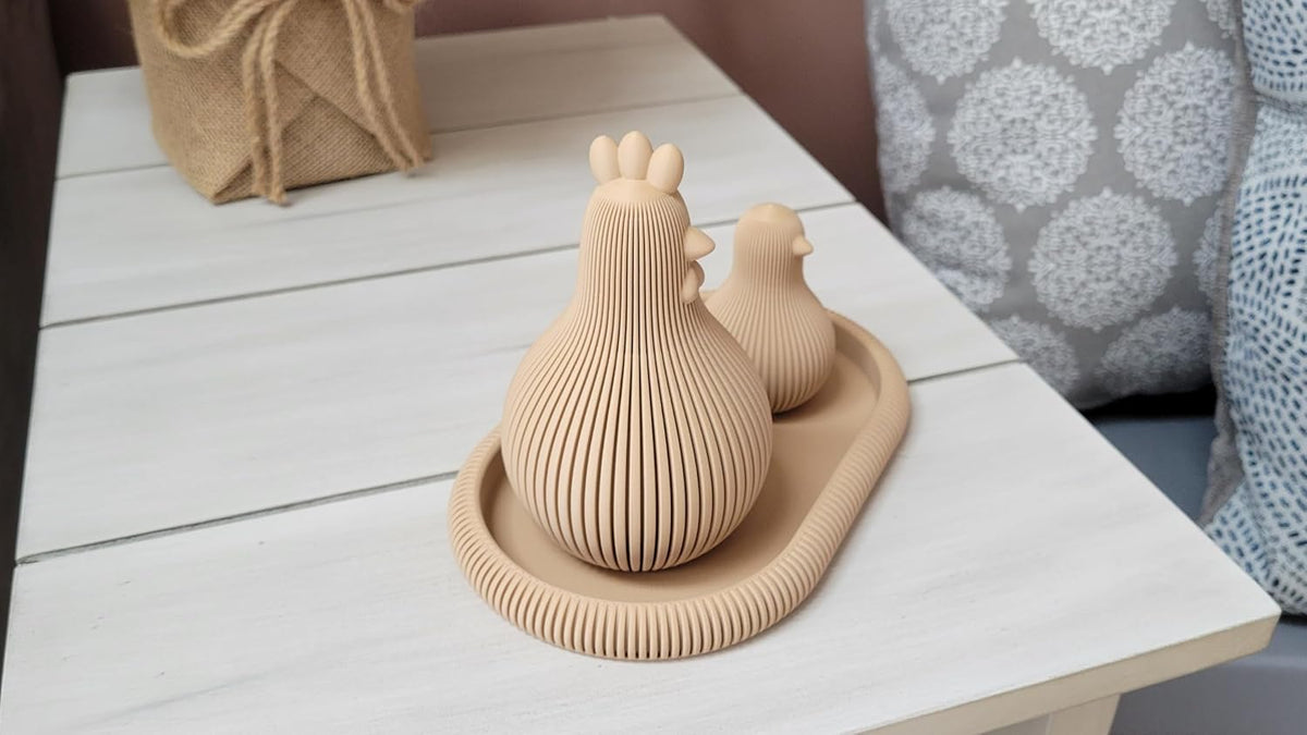 Znet3D Japandi Hen and Chick Figurine Set with Tray Fluted Minimalist Shelf Decor, Latte Brown