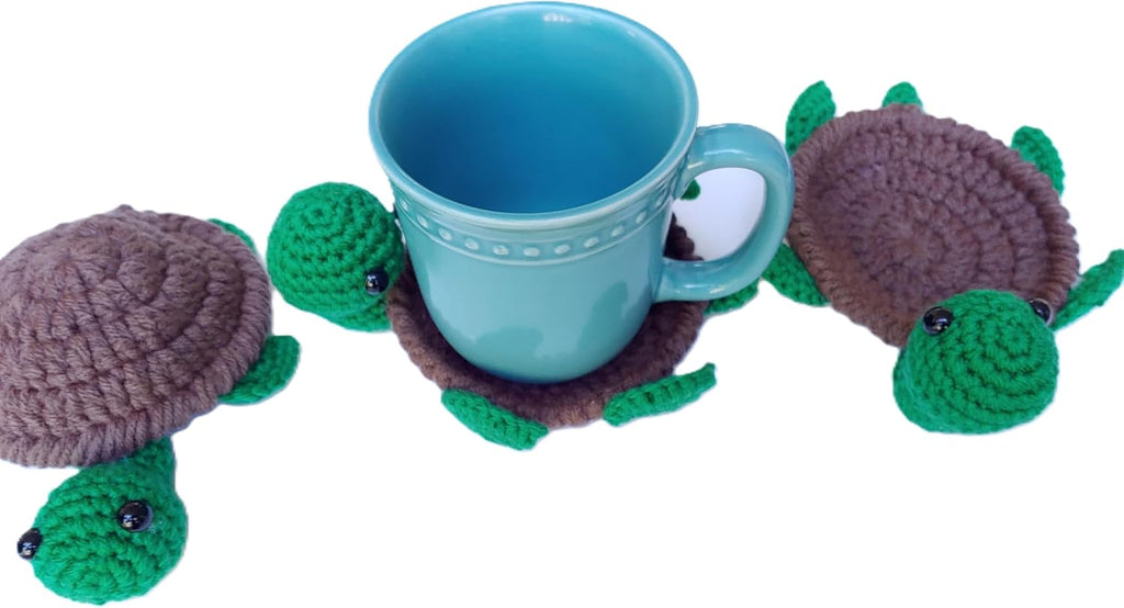 Handmade Crochet Pop‑Up Turtle Coasters (Set of 2) – Flip‑Up Amigurumi Turtle Drink Mats, Fun Interactive Mug & Glass Coaster Gift