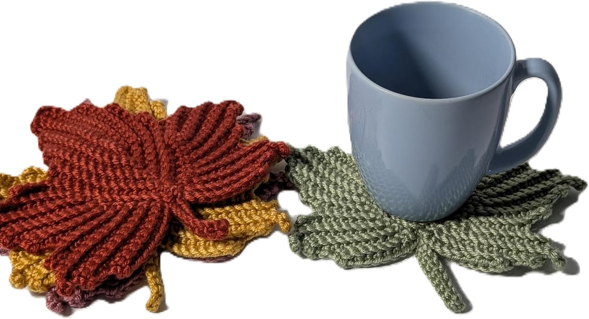 Handmade Crochet Maple Leaf Coasters, Set of 4 – Realistic Fall Leaf Drink Mats in Autumn Colors, Rustic Farmhouse Table Décor for Mugs & Glasses