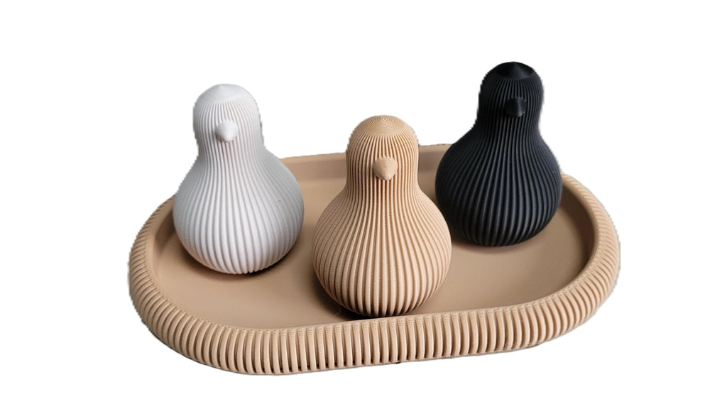 Znet3D Japandi Chick Figurine Set of 3 with Tray Minimalist Fluted Shelf Decor, Bone White