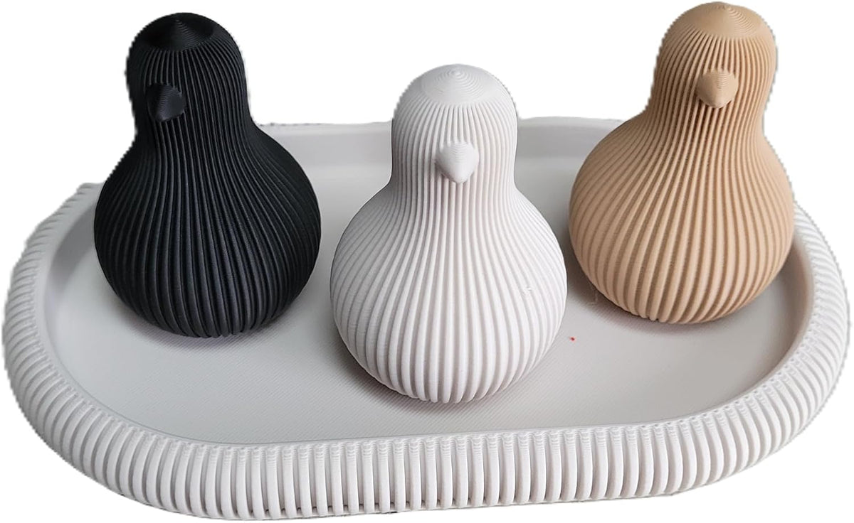 Znet3D Japandi Chick Figurine Set of 3 with Tray Minimalist Fluted Shelf Decor, Bone White