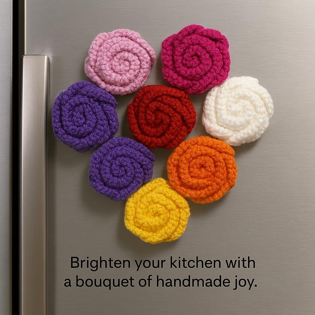 Znet3D Handmade Crochet Rose Fridge Magnet – Soft Acrylic Yarn Flower, 2.5" Diameter, Assorted Colors – Cute Home Décor, Locker Accessory, Gift for Plant Lovers & Crafters (Orange)
