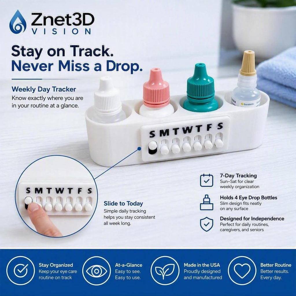 Znet3D Eye Drop Bottle Organizer Slim 4 Slot with Weekly Day Tracker (4 Bottle)