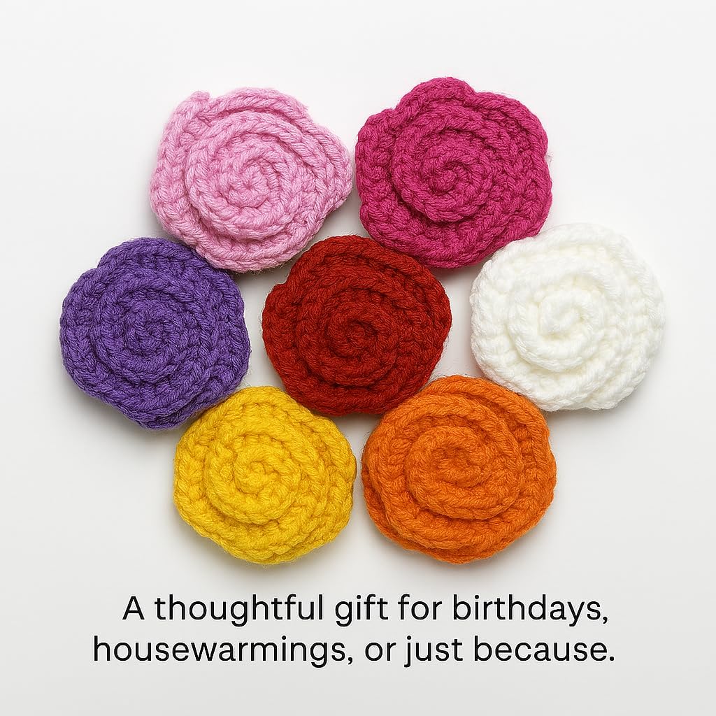 Znet3D Handmade Crochet Rose Fridge Magnet – Soft Acrylic Yarn Flower, 2.5" Diameter, Assorted Colors – Cute Home Décor, Locker Accessory, Gift for Plant Lovers & Crafters (Orange)