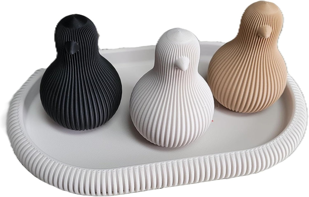 Znet3D Japandi Chick Figurine Set of 3 with Tray Minimalist Fluted Shelf Decor, Bone White