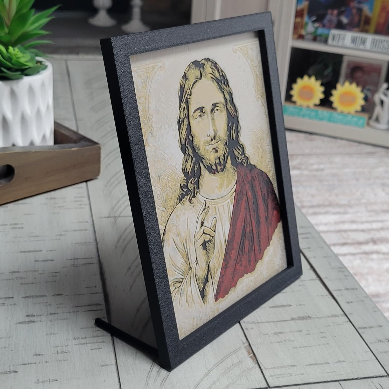 Znet3D Jesus Christ Wall Art – 3D Printed HueForge Filament Painting in Frame (8” x 6”) – Christian Religious Decor, Sacred Jesus Portrait, Faith Gift – Made in USA