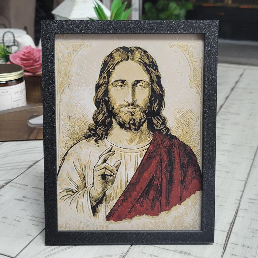 Znet3D Jesus Christ Wall Art – 3D Printed HueForge Filament Painting in Frame (8” x 6”) – Christian Religious Decor, Sacred Jesus Portrait, Faith Gift – Made in USA