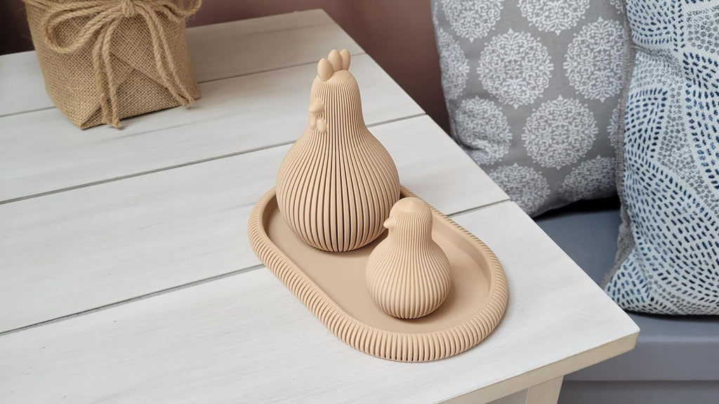 Znet3D Japandi Hen and Chick Figurine Set with Tray Fluted Minimalist Shelf Decor, Latte Brown