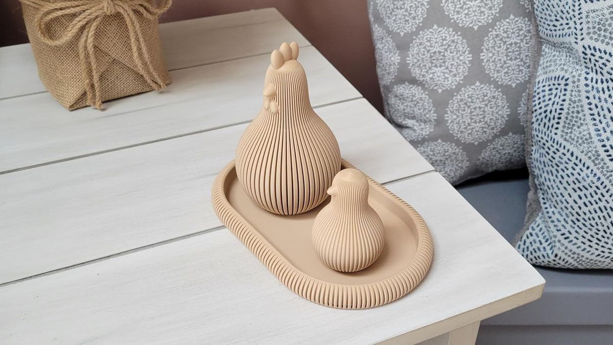 Znet3D Japandi Hen and Chick Figurine Set with Tray Fluted Minimalist Shelf Decor, Latte Brown