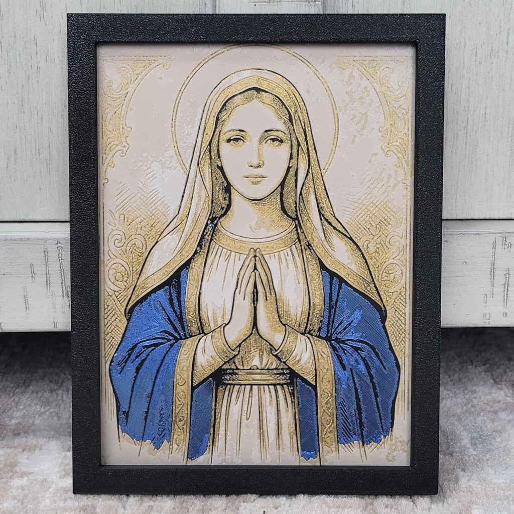 Znet3D Virgin Mary Wall Art – 3D Printed HueForge Filament Painting in Frame (8” x 6”) – Catholic Religious Decor, Mother Mary Portrait, Christian Gift – Made in USA
