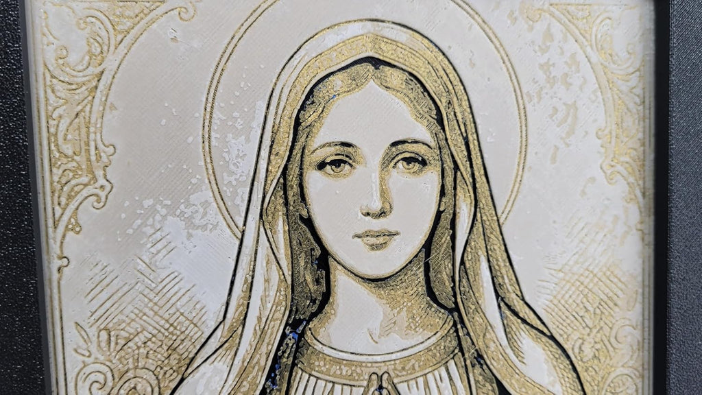 Znet3D Virgin Mary Wall Art – 3D Printed HueForge Filament Painting in Frame (8” x 6”) – Catholic Religious Decor, Mother Mary Portrait, Christian Gift – Made in USA