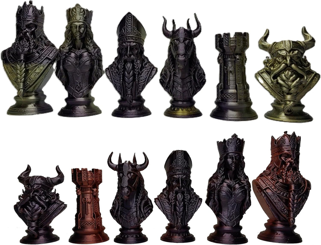 Viking Warrior Chess Set Pieces – Silk Gold & Silver Sculptures | Norse Fantasy Set by Znet3D (Board Not Included) (Gold/Black & Red/Black)