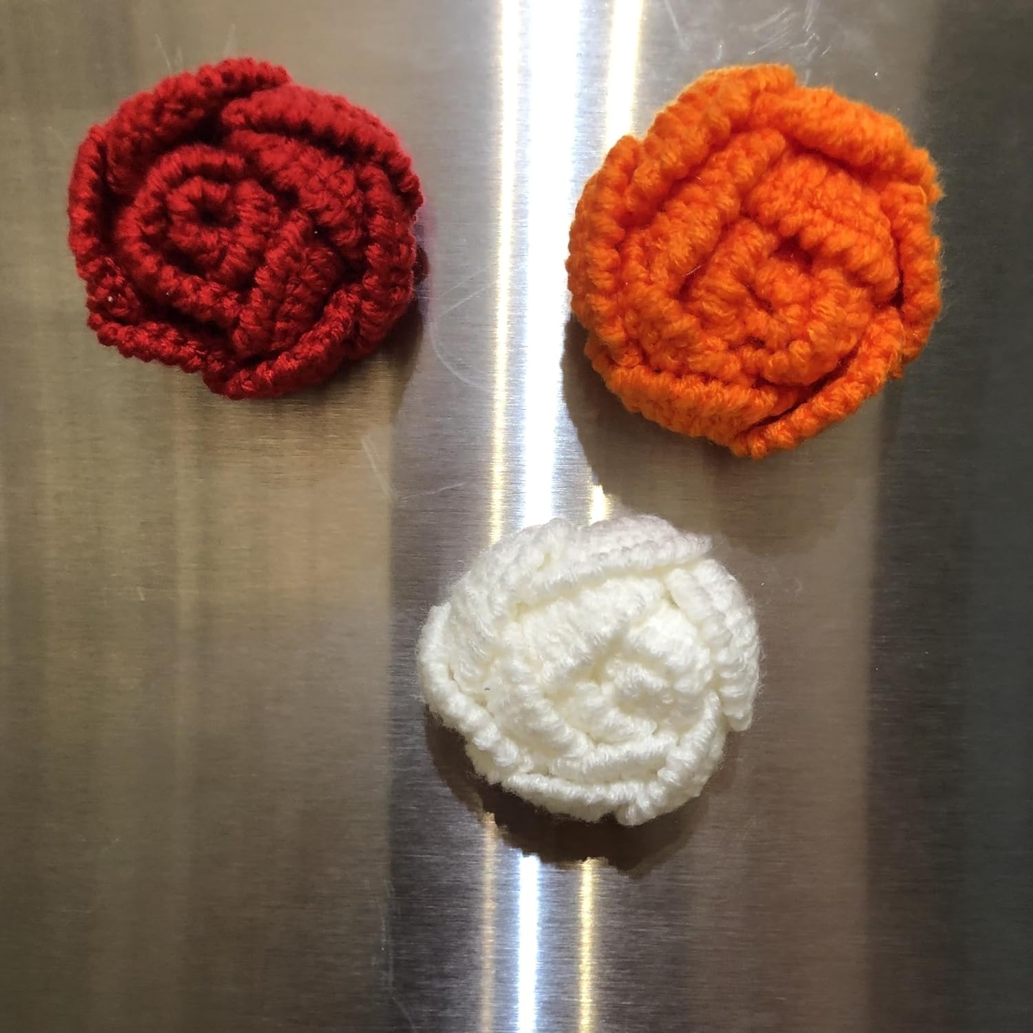 Znet3D Handmade Crochet Rose Fridge Magnet – Soft Acrylic Yarn Flower, 2.5" Diameter, Assorted Colors – Cute Home Décor, Locker Accessory, Gift for Plant Lovers & Crafters (Orange)