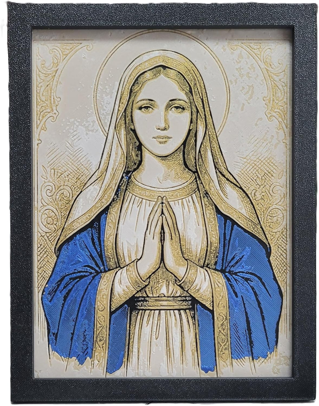 Znet3D Virgin Mary Wall Art – 3D Printed HueForge Filament Painting in Frame (8” x 6”) – Catholic Religious Decor, Mother Mary Portrait, Christian Gift – Made in USA