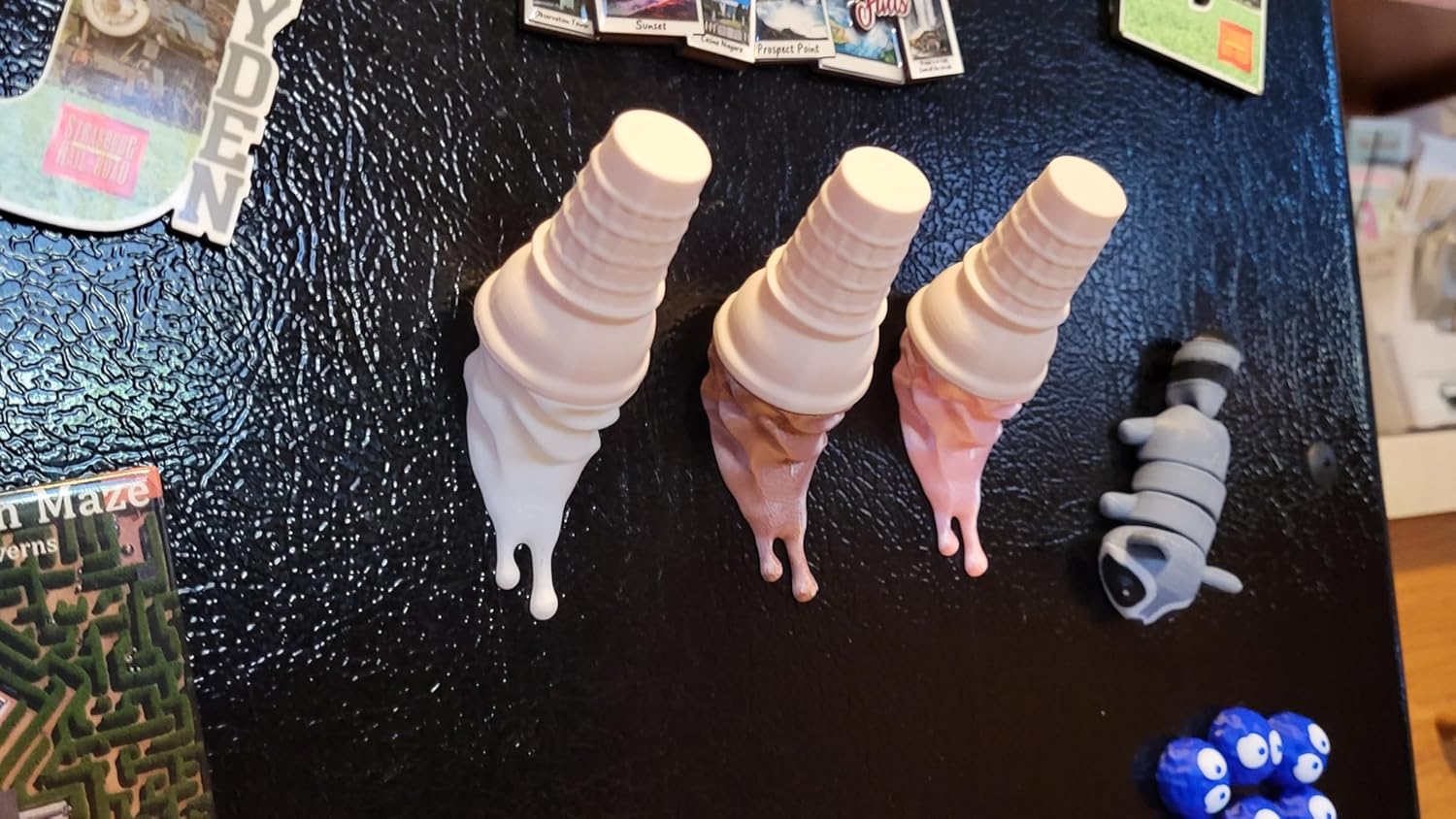 Melting Ice Cream Cone Fridge Magnets – Set of 3 (Vanilla, Chocolate, Strawberry) Strong Decorative Magnets with Dual 10x2mm Neodymium Holders Fun Kitchen & Office Décor