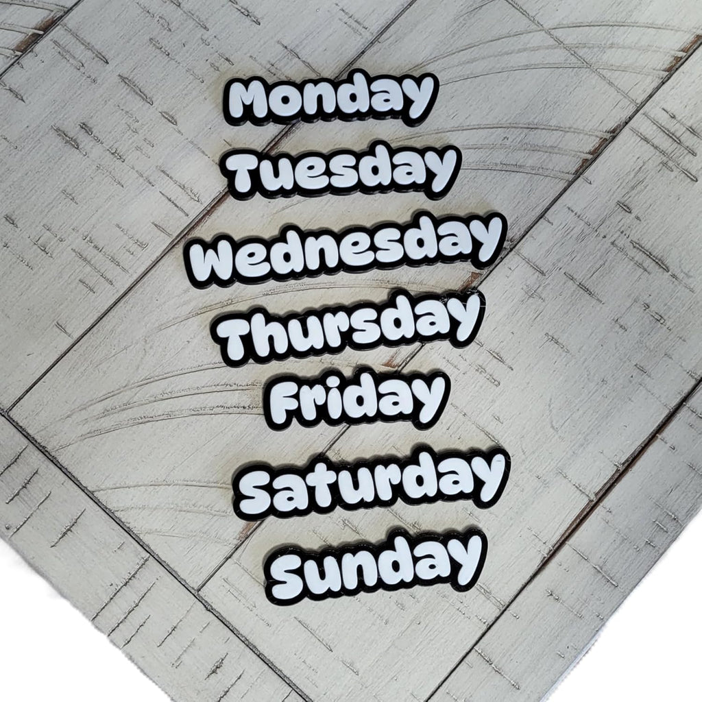 Znet3D Days of The Week Magnets – Dual-Color Black/White & White/Black – 2 Strong 10x2mm Neodymium – Custom Color Options – Durable Labels for Planners, Boards & Organizers (Black/White)
