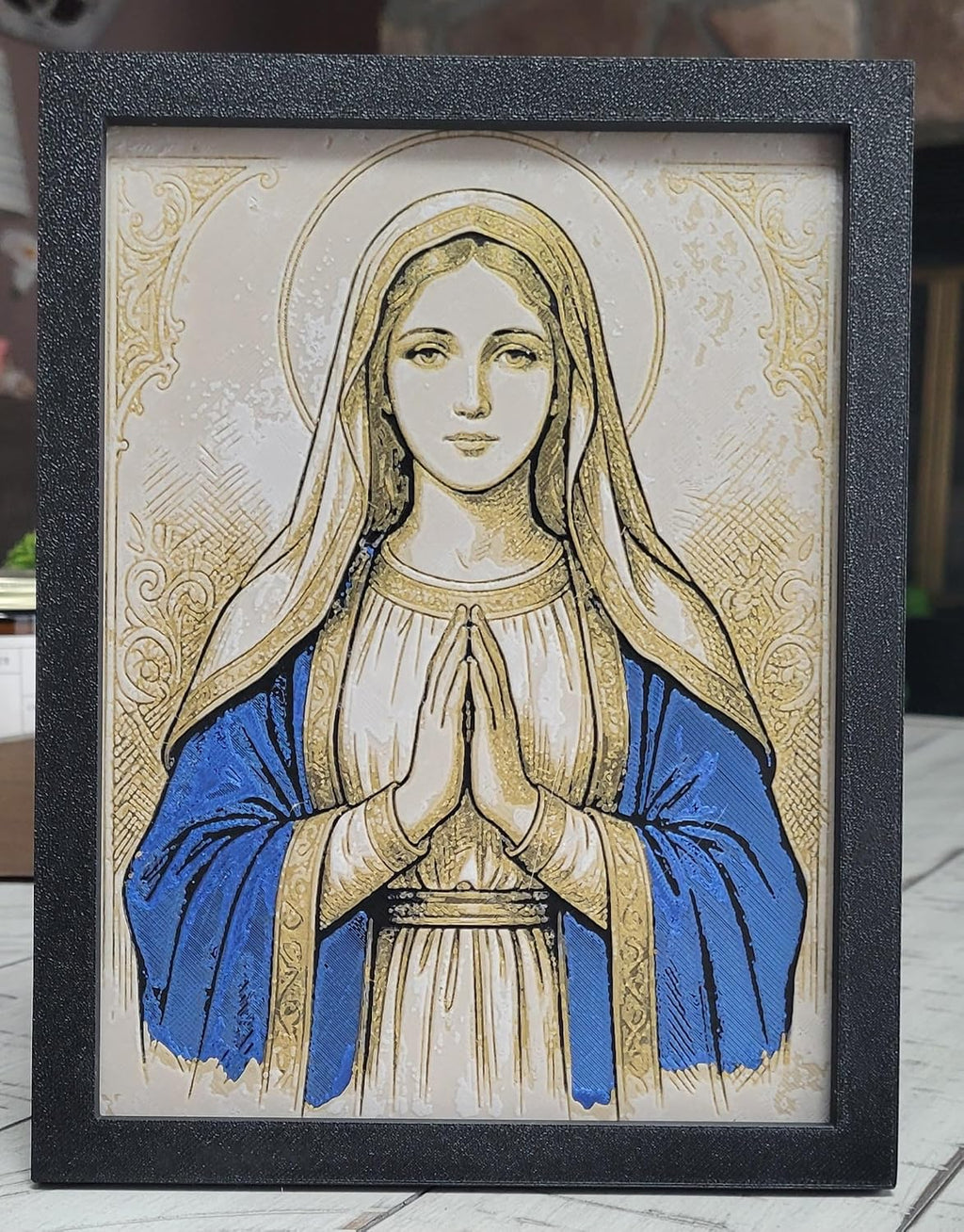 Znet3D Virgin Mary Wall Art – 3D Printed HueForge Filament Painting in Frame (8” x 6”) – Catholic Religious Decor, Mother Mary Portrait, Christian Gift – Made in USA