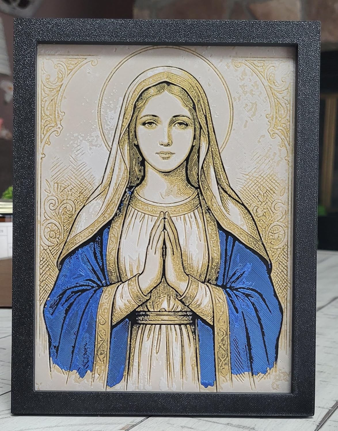 Znet3D Virgin Mary Wall Art – 3D Printed HueForge Filament Painting in Frame (8” x 6”) – Catholic Religious Decor, Mother Mary Portrait, Christian Gift – Made in USA