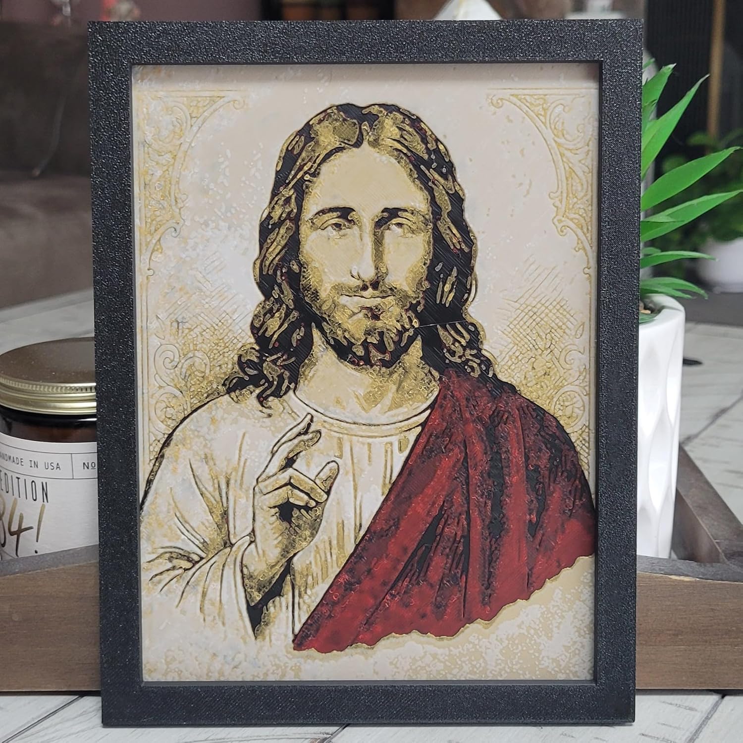 Znet3D Jesus Christ Wall Art – 3D Printed HueForge Filament Painting in Frame (8” x 6”) – Christian Religious Decor, Sacred Jesus Portrait, Faith Gift – Made in USA