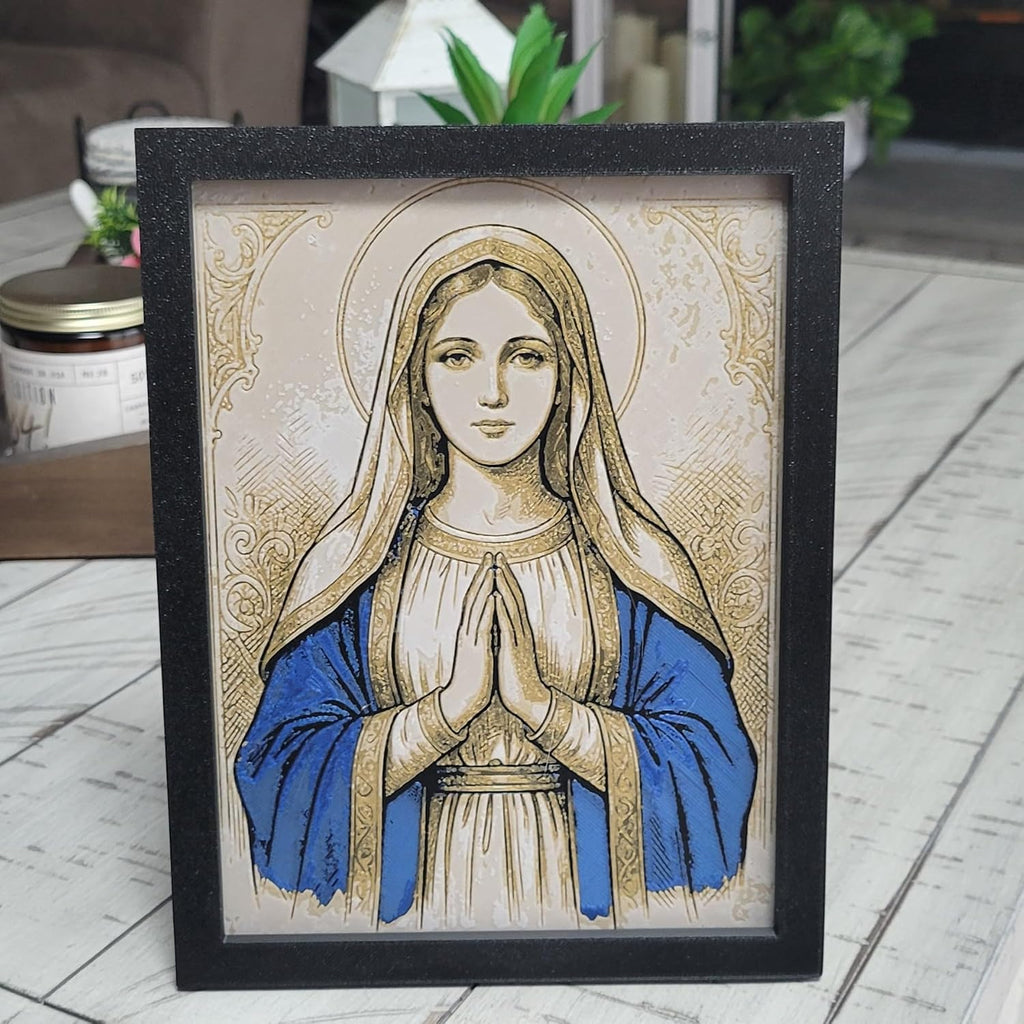 Znet3D Virgin Mary Wall Art – 3D Printed HueForge Filament Painting in Frame (8” x 6”) – Catholic Religious Decor, Mother Mary Portrait, Christian Gift – Made in USA