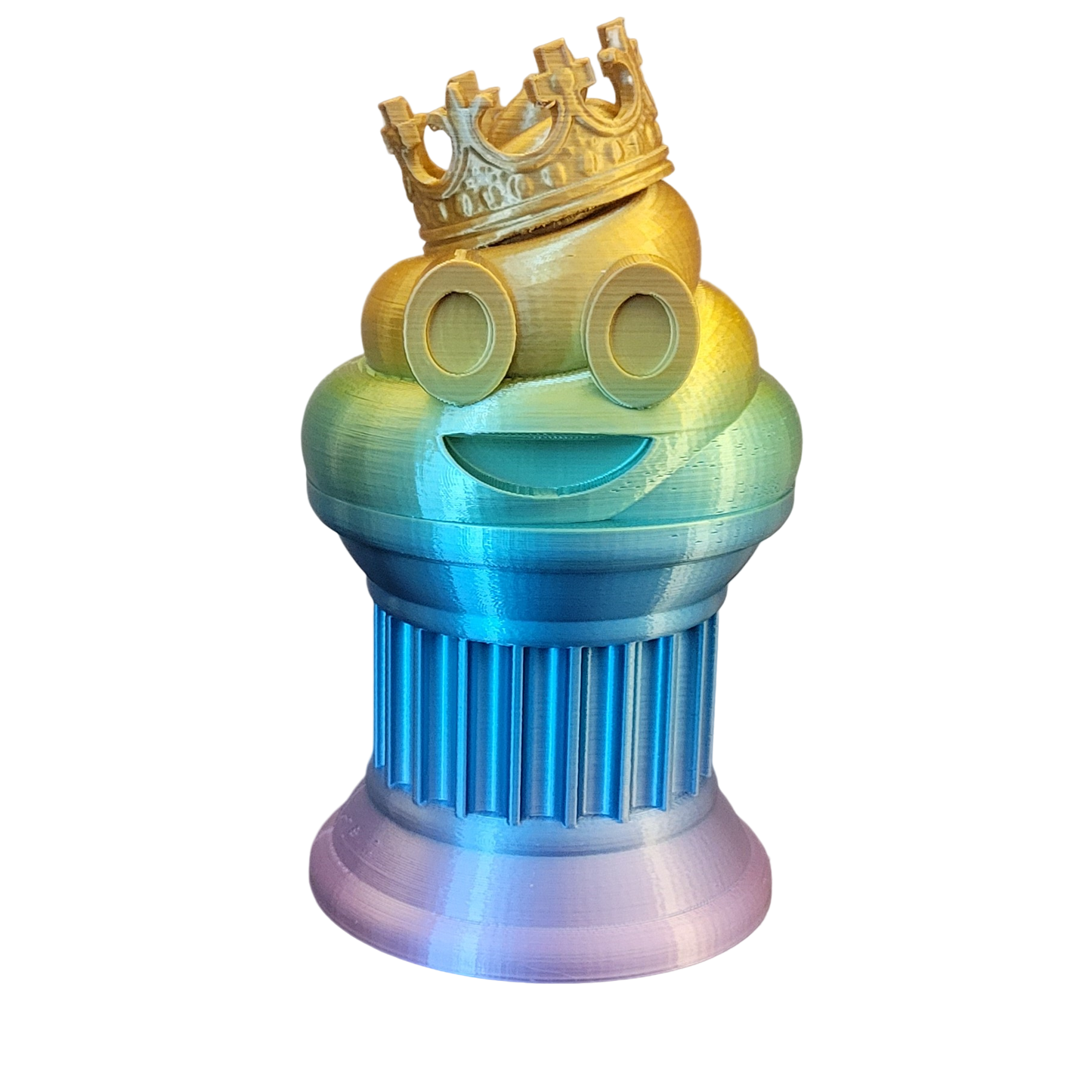 Znet3D King Poop Emoji Trophy - Fun Award & Gift - Handmade w/Additive Manufacturing - 6" inches Tall - Featuring a Solid Rainbow Poop Emoji with a Crown, Secured on a Column Pillar - Funny Trophy