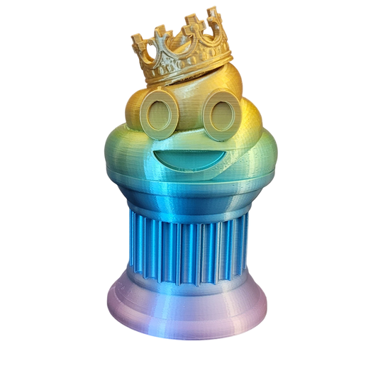 Znet3D King Poop Emoji Trophy - Fun Award & Gift - Handmade w/Additive Manufacturing - 6" inches Tall - Featuring a Solid Rainbow Poop Emoji with a Crown, Secured on a Column Pillar - Funny Trophy