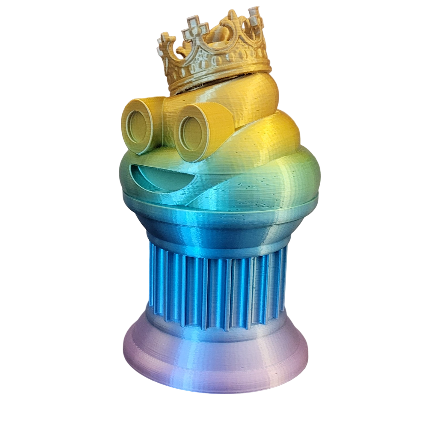 Znet3D King Poop Emoji Trophy - Fun Award & Gift - Handmade w/Additive Manufacturing - 6" inches Tall - Featuring a Solid Rainbow Poop Emoji with a Crown, Secured on a Column Pillar - Funny Trophy