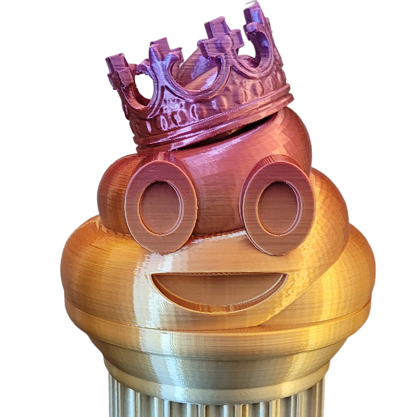 Znet3D King Poop Emoji Trophy - Fun Award & Gift - Handmade w/Additive Manufacturing - 6" inches Tall - Featuring a Solid Rainbow Poop Emoji with a Crown, Secured on a Column Pillar - Funny Trophy