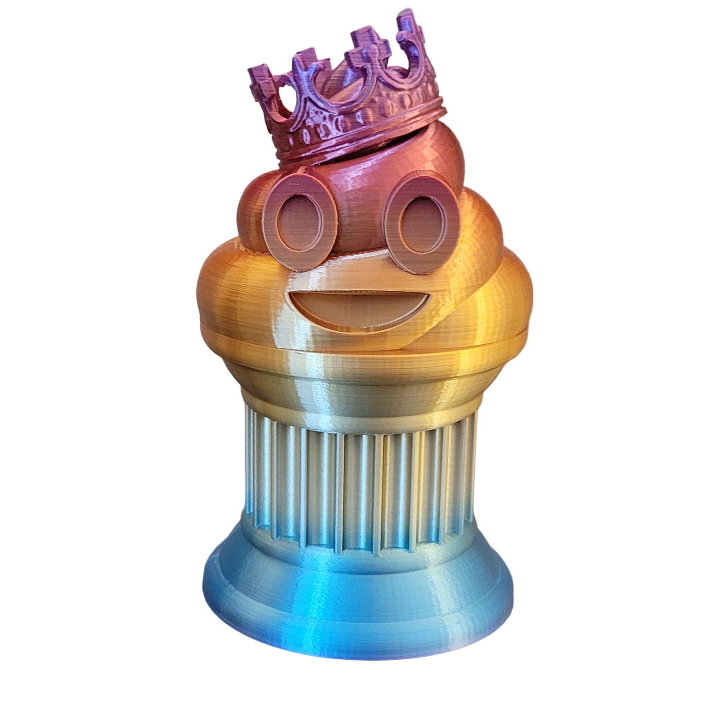 Znet3D King Poop Emoji Trophy - Fun Award & Gift - Handmade w/Additive Manufacturing - 6" inches Tall - Featuring a Solid Rainbow Poop Emoji with a Crown, Secured on a Column Pillar - Funny Trophy