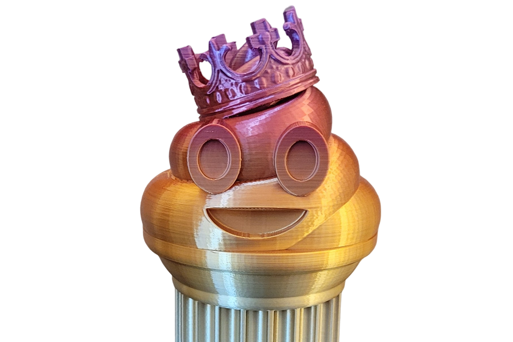 Znet3D King Poop Emoji Trophy - Fun Award & Gift - Handmade w/Additive Manufacturing - 6" inches Tall - Featuring a Solid Poop Emoji with a Crown, Secured on a Column Pillar
