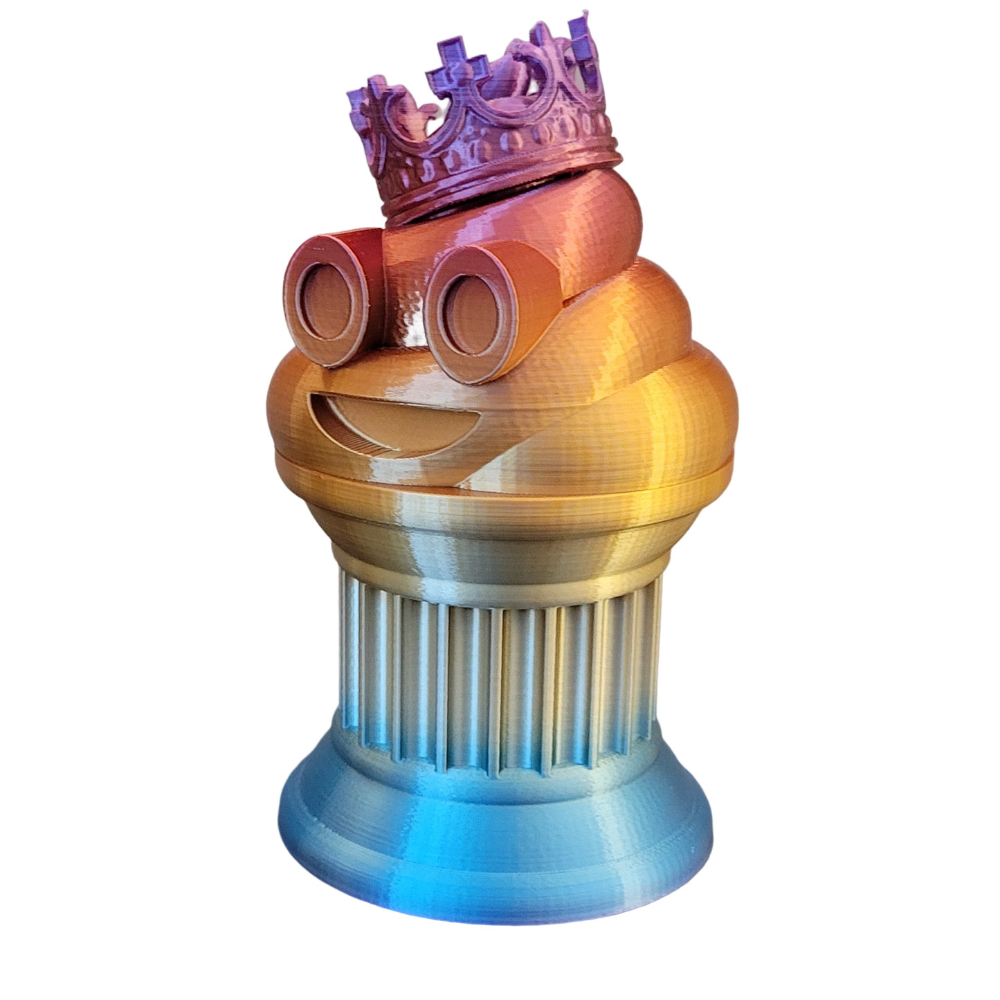 Znet3D King Poop Emoji Trophy - Fun Award & Gift - Handmade w/Additive Manufacturing - 6" inches Tall - Featuring a Solid Rainbow Poop Emoji with a Crown, Secured on a Column Pillar - Funny Trophy