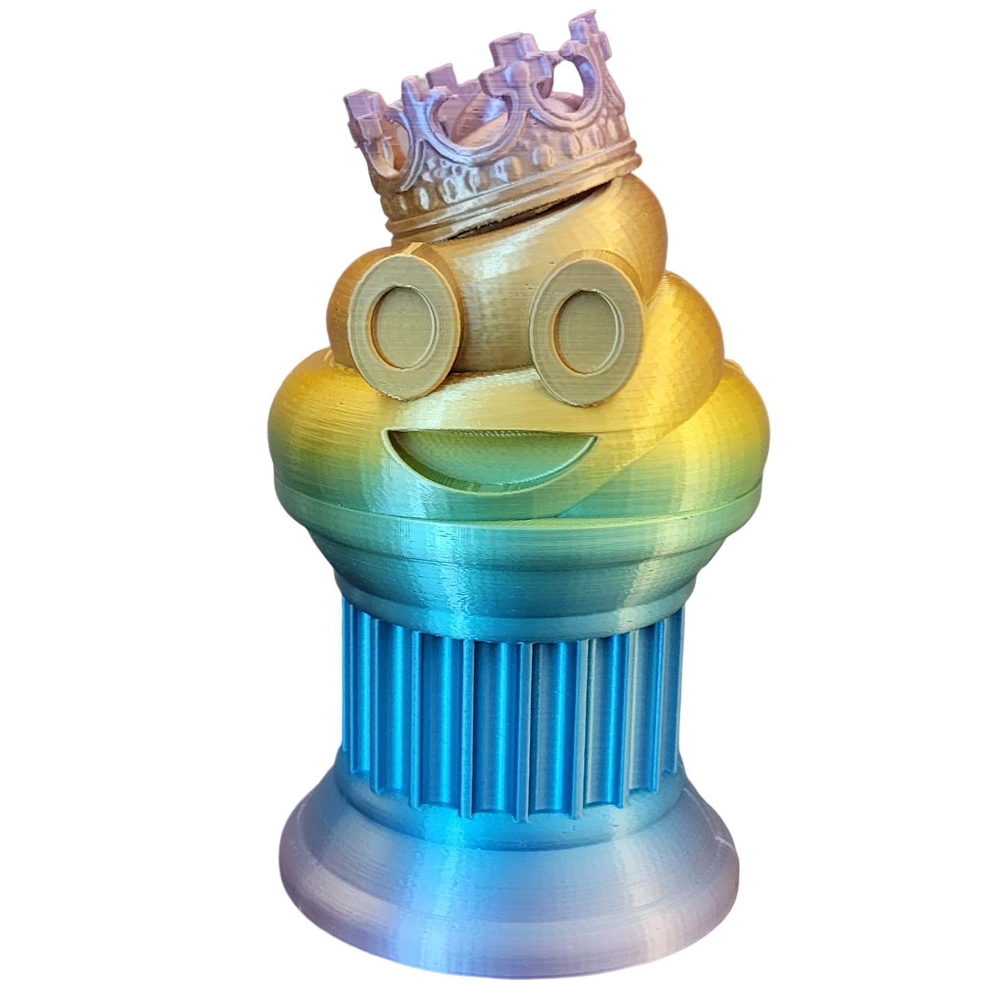 Znet3D King Poop Emoji Trophy - Fun Award & Gift - Handmade w/Additive Manufacturing - 6" inches Tall - Featuring a Solid Rainbow Poop Emoji with a Crown, Secured on a Column Pillar - Funny Trophy