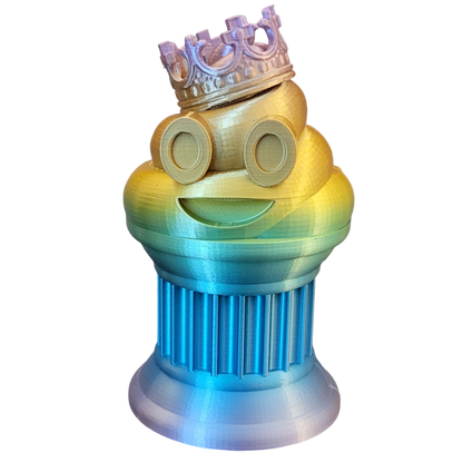 Znet3D King Poop Emoji Trophy - Fun Award & Gift - Handmade w/Additive Manufacturing - 6" inches Tall - Featuring a Solid Rainbow Poop Emoji with a Crown, Secured on a Column Pillar - Funny Trophy