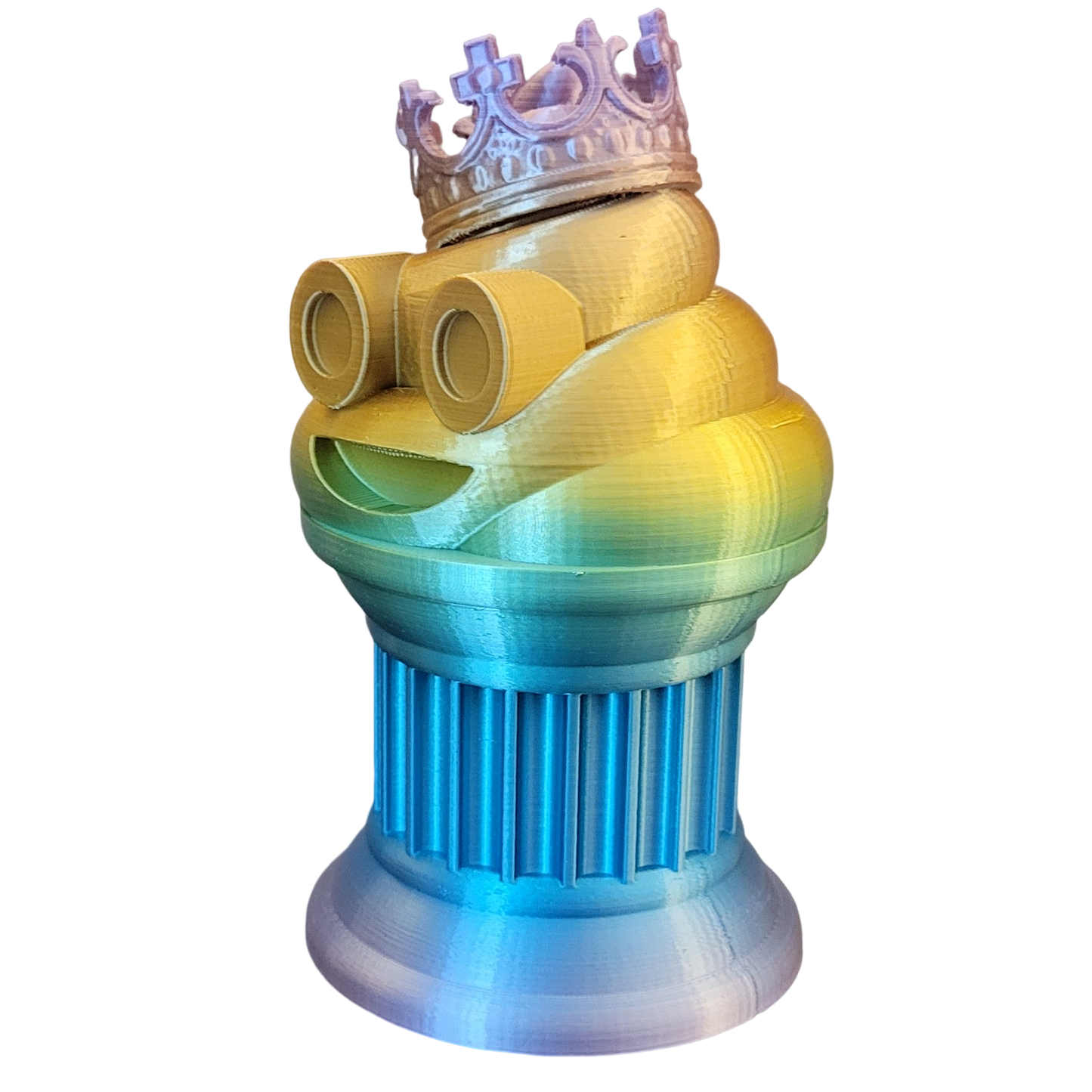 Znet3D King Poop Emoji Trophy - Fun Award & Gift - Handmade w/Additive Manufacturing - 6" inches Tall - Featuring a Solid Rainbow Poop Emoji with a Crown, Secured on a Column Pillar - Funny Trophy