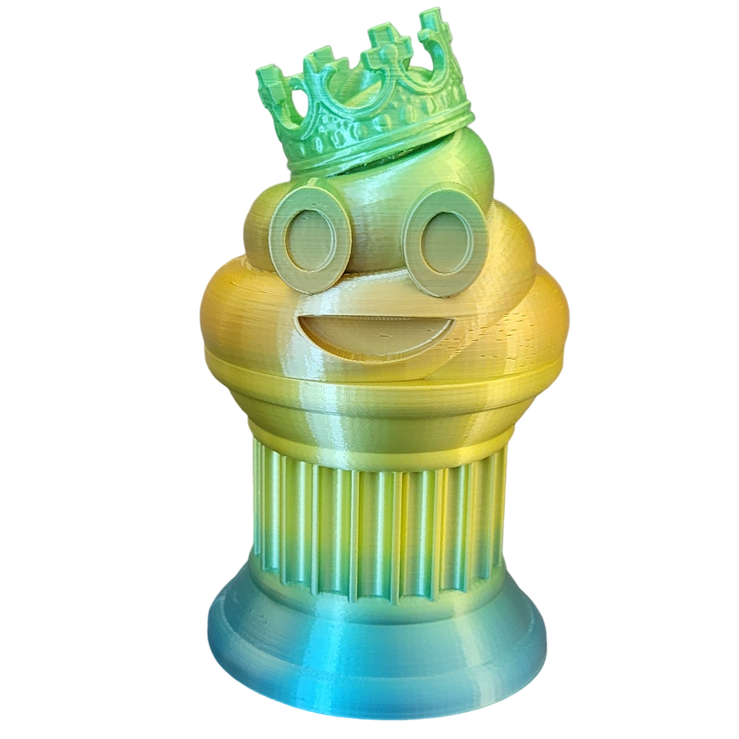 Znet3D King Poop Emoji Trophy - Fun Award & Gift - Handmade w/Additive Manufacturing - 6" inches Tall - Featuring a Solid Rainbow Poop Emoji with a Crown, Secured on a Column Pillar - Funny Trophy