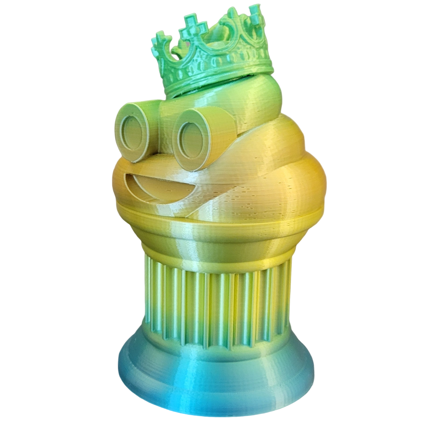 Znet3D King Poop Emoji Trophy - Fun Award & Gift - Handmade w/Additive Manufacturing - 6" inches Tall - Featuring a Solid Rainbow Poop Emoji with a Crown, Secured on a Column Pillar - Funny Trophy