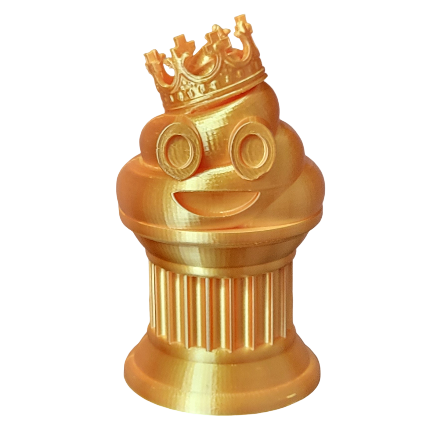 Znet3D King Poop Emoji Trophy - 6" Tall Handmade Novelty Award w/Additive Manufacturing, Solid Silk Gold Design, Crowned Poop Emoji on Column Pillar - Hilarious & Unique Gift, Award or Prize