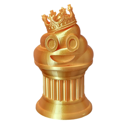 Znet3D King Poop Emoji Trophy - 6" Tall Handmade Novelty Award w/Additive Manufacturing, Solid Silk Gold Design, Crowned Poop Emoji on Column Pillar - Hilarious & Unique Gift, Award or Prize