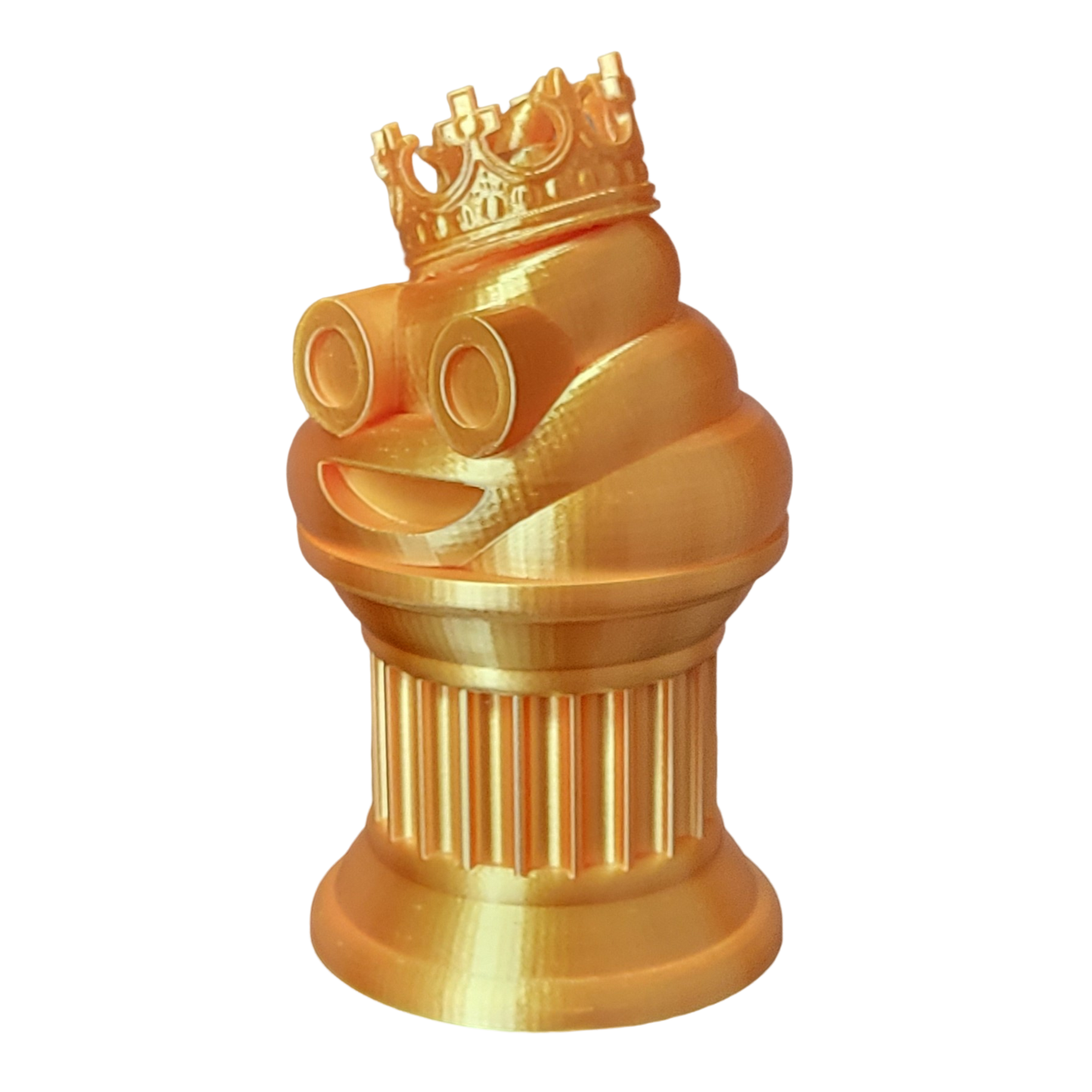 Znet3D King Poop Emoji Trophy - 6" Tall Handmade Novelty Award w/Additive Manufacturing, Solid Silk Gold Design, Crowned Poop Emoji on Column Pillar - Hilarious & Unique Gift, Award or Prize