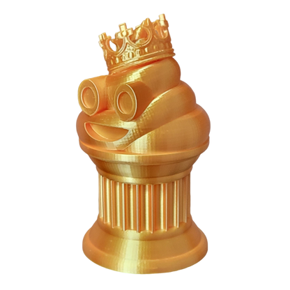 Znet3D King Poop Emoji Trophy - 6" Tall Handmade Novelty Award w/Additive Manufacturing, Solid Silk Gold Design, Crowned Poop Emoji on Column Pillar - Hilarious & Unique Gift, Award or Prize