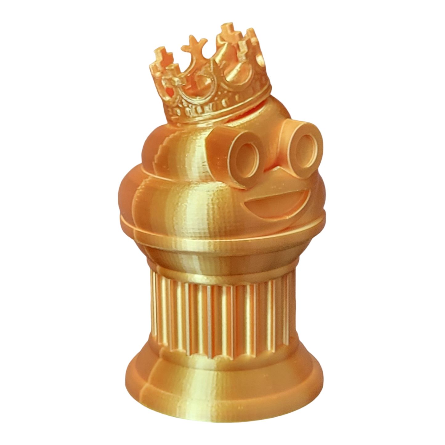 Znet3D King Poop Emoji Trophy - 6" Tall Handmade Novelty Award w/Additive Manufacturing, Solid Silk Gold Design, Crowned Poop Emoji on Column Pillar - Hilarious & Unique Gift, Award or Prize