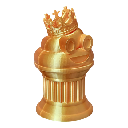 Znet3D King Poop Emoji Trophy - 6" Tall Handmade Novelty Award w/Additive Manufacturing, Solid Silk Gold Design, Crowned Poop Emoji on Column Pillar - Hilarious & Unique Gift, Award or Prize